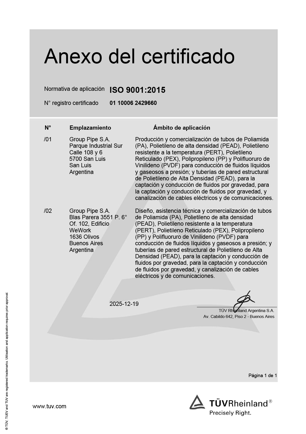 Certificado Anexo adicional